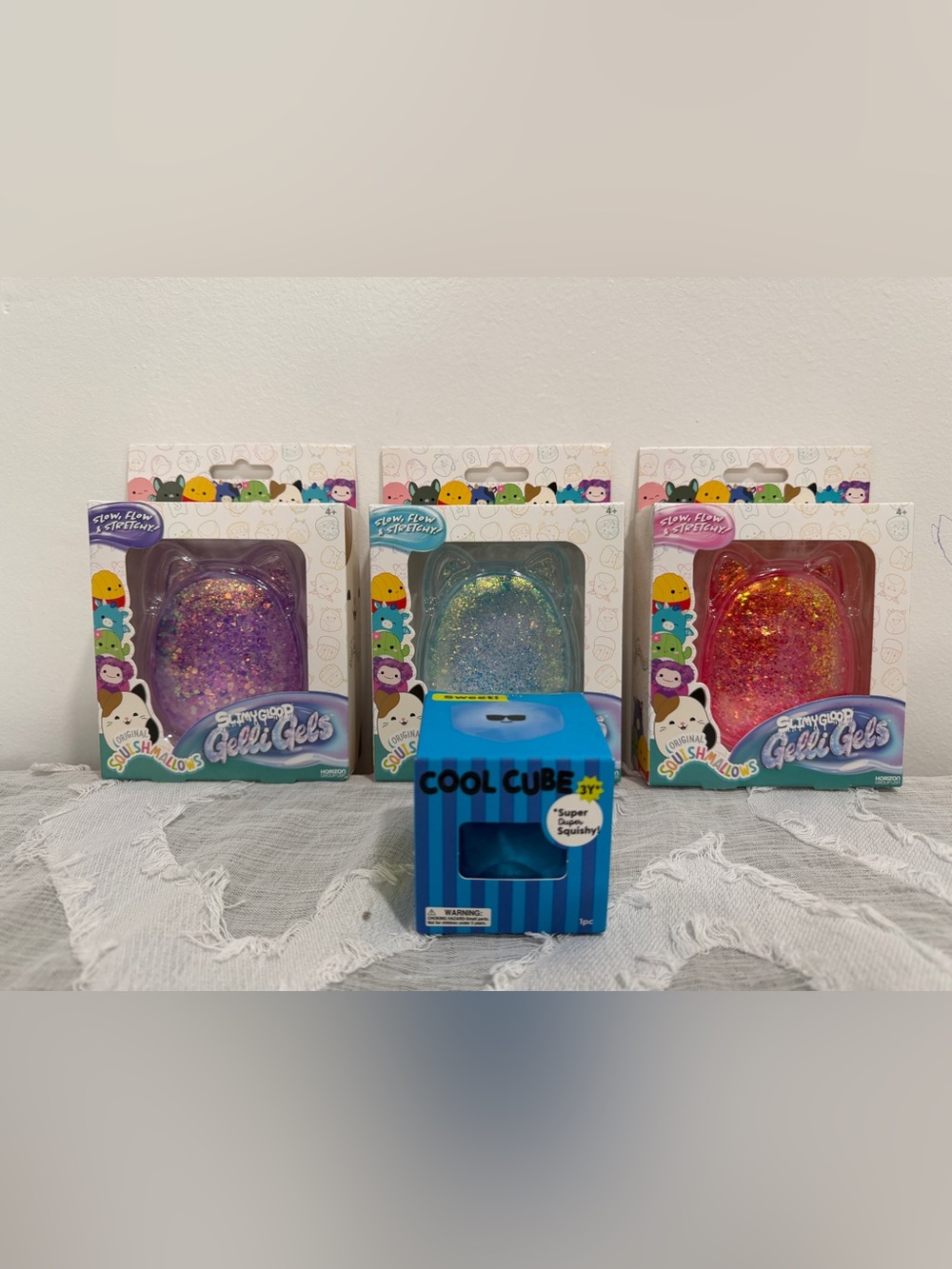 Squishmallows Glitter Gelli Gels and cool Cube J’Adore  Set lot of 4 🔥